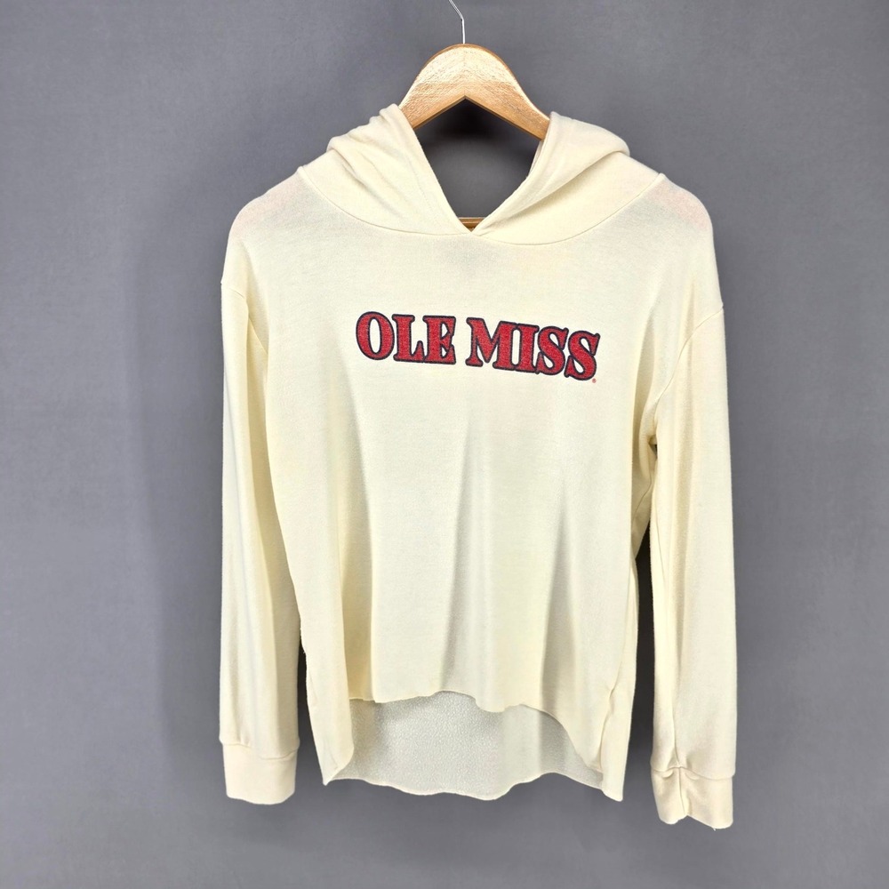 Blue 84 Ole Miss Hoodie Womens Medium Cream High Low Raw Hem Rebels Sweatshirt